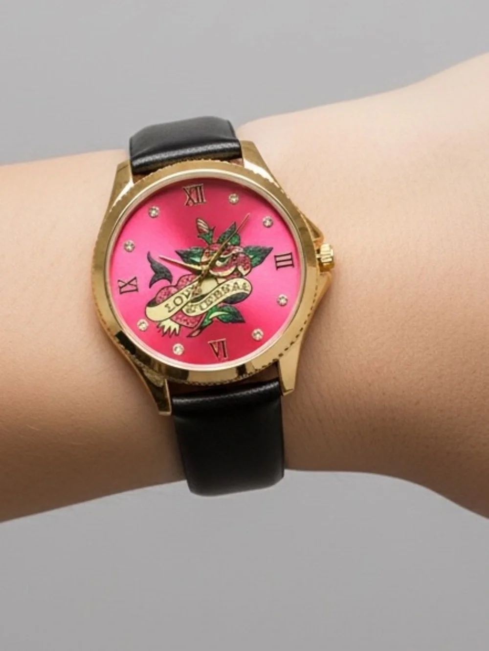 •Love Eternal• Ed Hardy Gold Tone Black Leather Strap Y2K Tattoo Style Watch - Picture 2 of 3